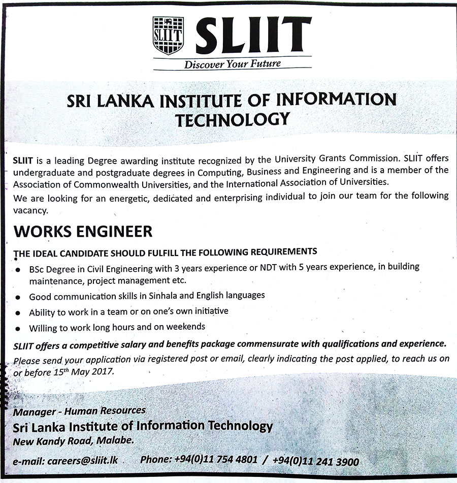 Works Engineer - Sri Lanka Institute of Information Technology (SLIIT)